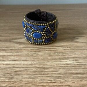 Handmade‎ Boho Tribal Cotton Rope Lapis Stone Wire Cuff Bracelet
